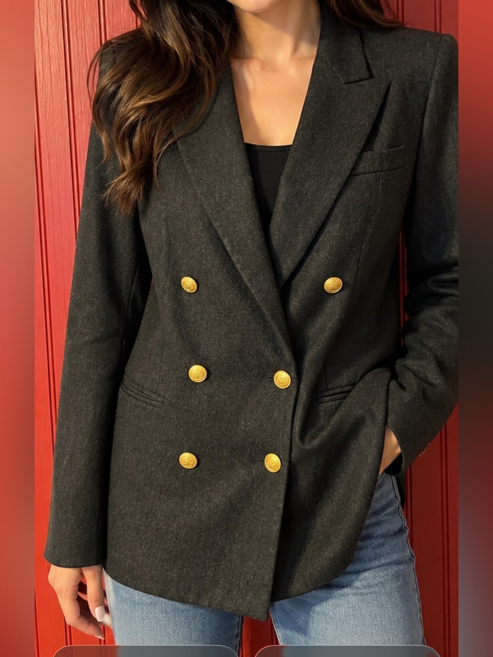 Vintage Wool-Blend Double-Breasted Women's Blazer Jacket in Dark Gray 10